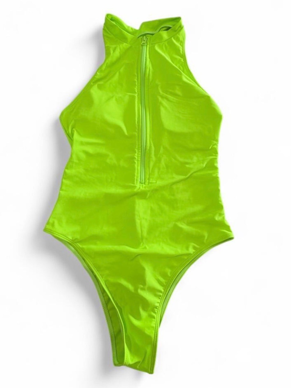 FashionNova Neon Lime High Neck One-Piece Swimsuit with Front Zip.